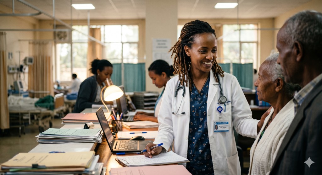 Doctor consulting with elderly patients in an Ethiopian hospital