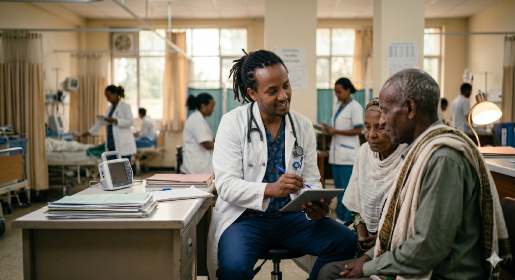 Doctor consulting elderly patients with digital records